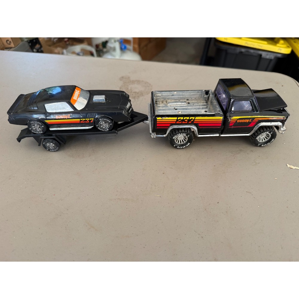 Vintage Buddy L Pickup Truck with Car Trailer and Muscle Car 237 Black Diecast